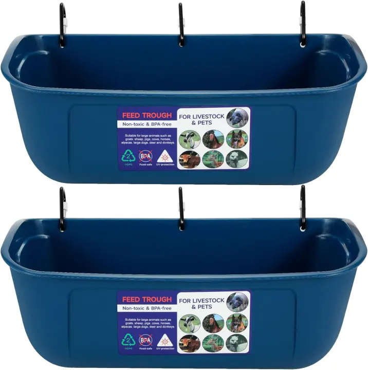 Large Feed Trough — Hanging or Screw-In, 2-Pack 9-Quart (Blue)